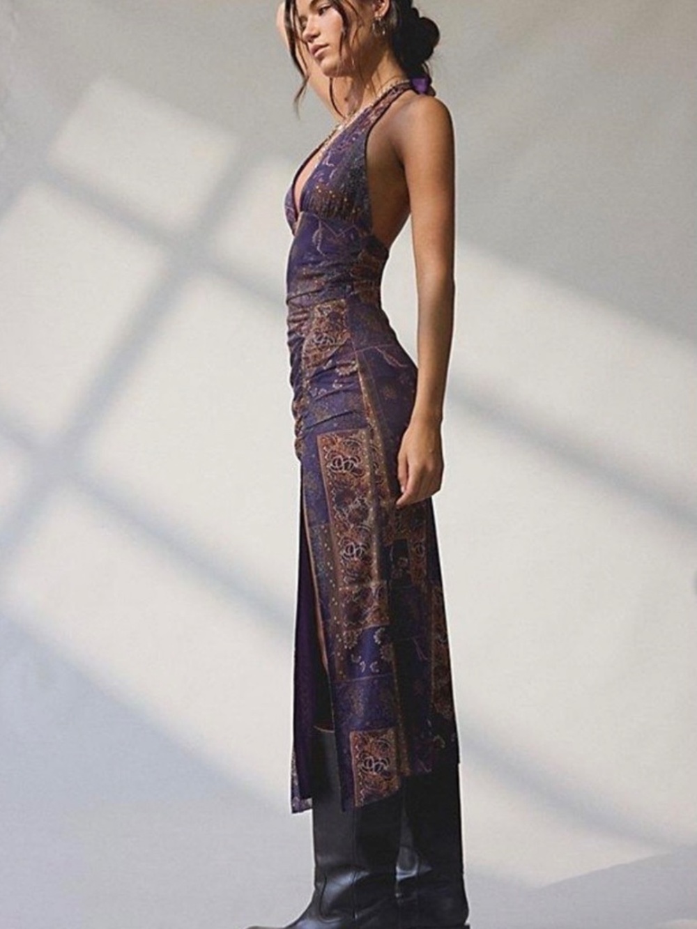 UO Deep Plunge Halter Ruched Mesh Midi Dress - Picture 3 of 4